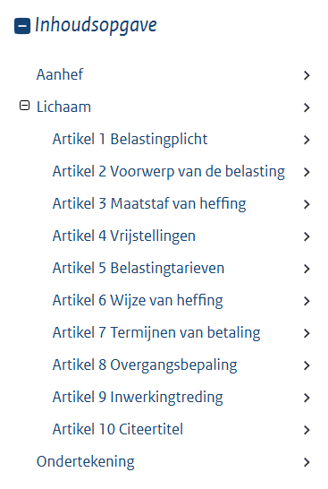 Voorbeeld inhoudsopgave op officielebekendmakingen.nl