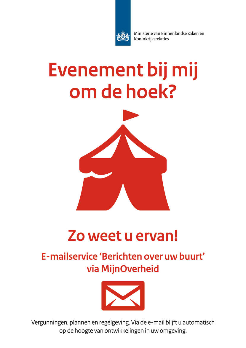 Afbeelding: poster met daarop evenemententent en verwijzing naar e-mailservice Berichten over uw buurt