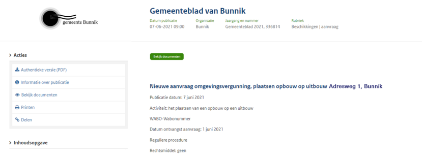 voorbeeld kennisgeving op overheid.nl
